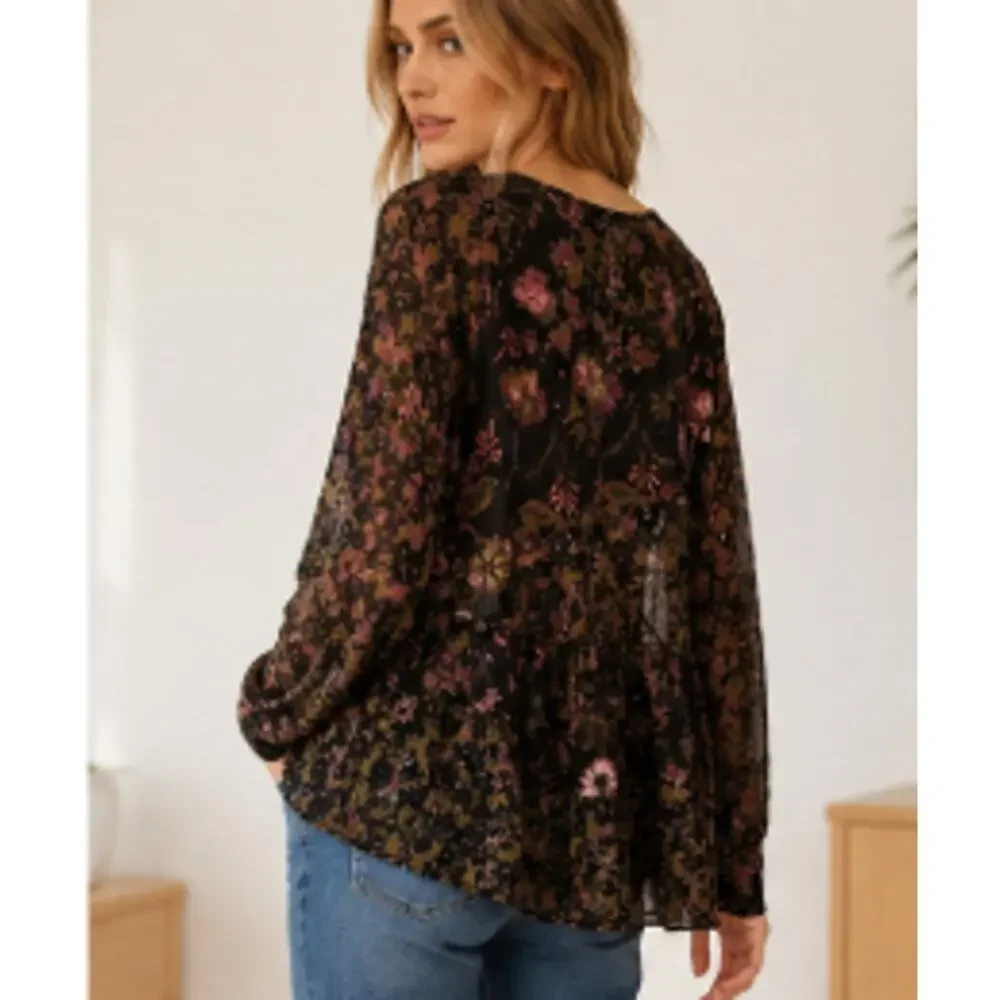 Free People Boho Floral Babydoll Tunic Top Black Pink XS Long Sleeve V Neck - Picture 2 of 6